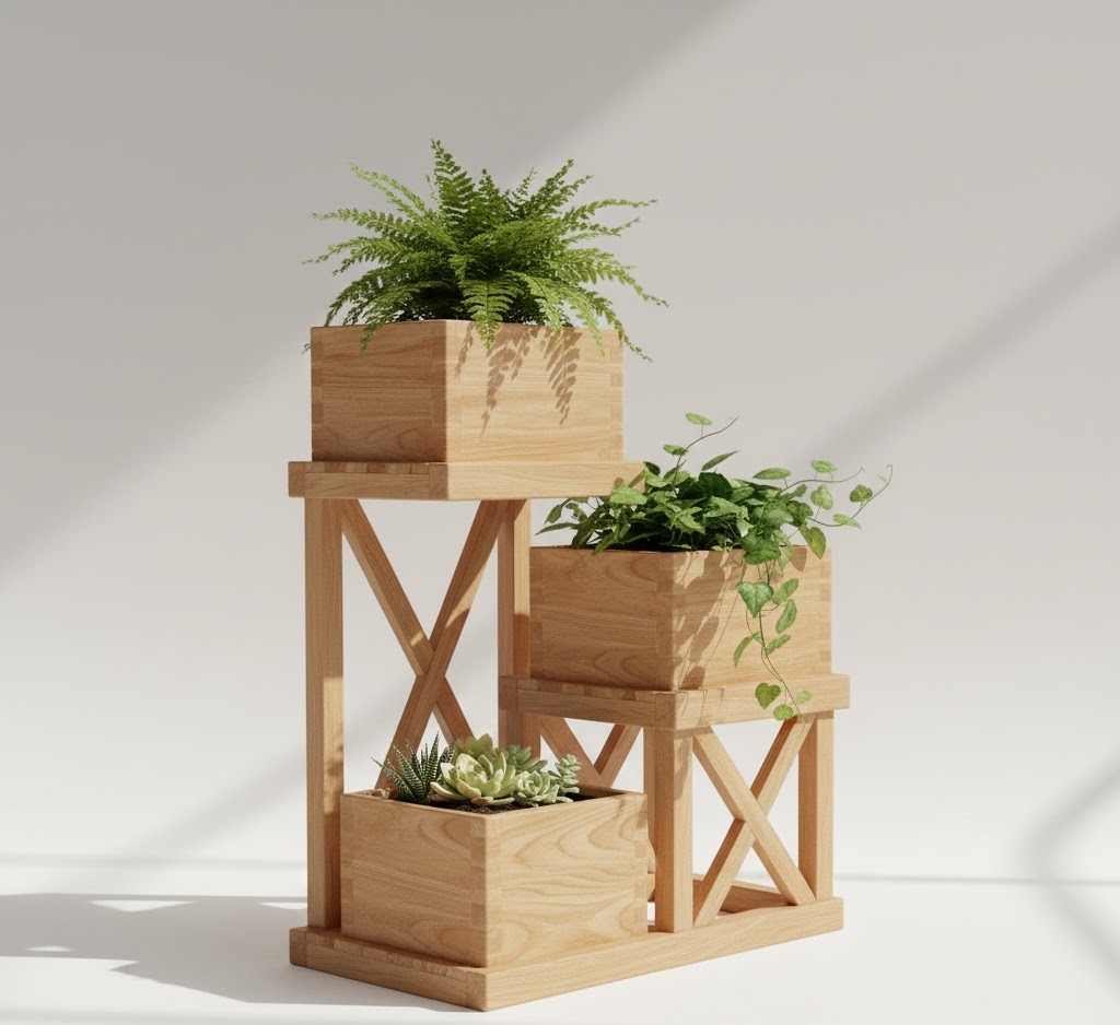 Getrapte houten plantenbak met meerdere niveaus
