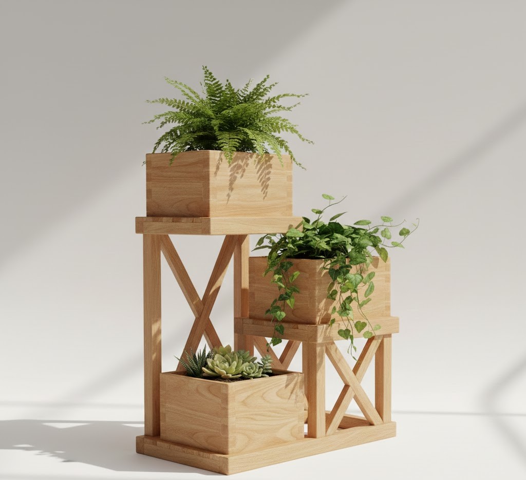 Drielaags houten plantenstandaard